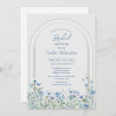 トレンディー水色ブルーワイルドフラワーブーホーアーチセージ 招待状 (正面/裏面)