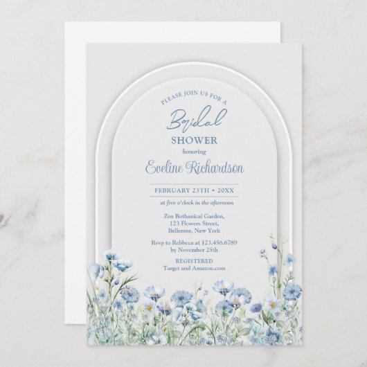 トレンディー水色ブルーワイルドフラワーブーホーアーチセージ 招待状 (正面/裏面)