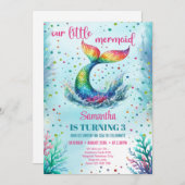 トレンディー水色レインボーマーメイドテール誕生日 招待状 (正面/裏面)