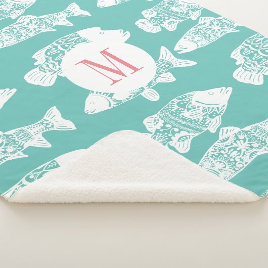 トレンディー沿岸白色フローラフィッシュ&シーグリーン シェルパブランケット (3/4)