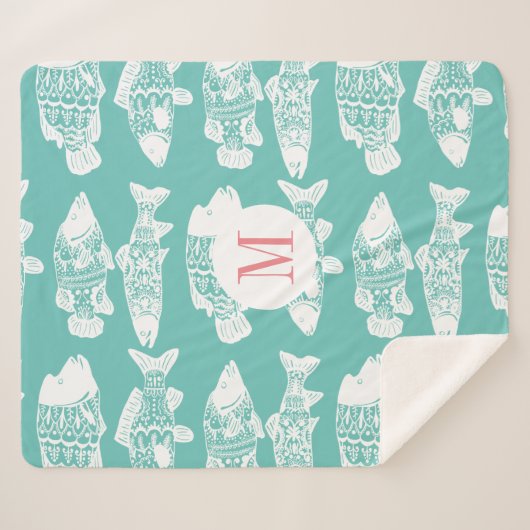 トレンディー沿岸白色フローラフィッシュ&シーグリーン シェルパブランケット (正面(横))