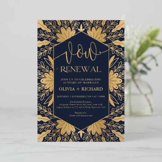 トレンディー海軍と実在金ゴールドフォイルの誓いの更新 箔招待状 (立ち正面)