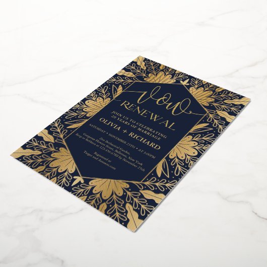 トレンディー海軍と実在金ゴールドフォイルの誓いの更新 箔招待状 (回転した状態)