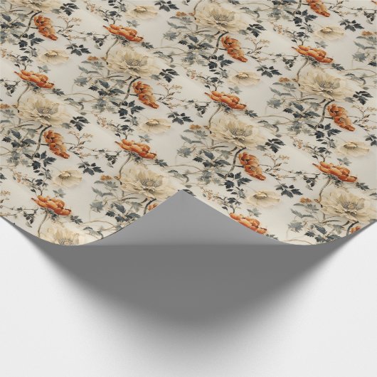 トレンディー焼けオレンジ色のテラコッタアイボリー小さな花 ラッピングペーパー (角)