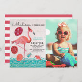 トレンディー熱帯ターコイズ&ピンクフラミンゴ誕生日 招待状 (正面/裏面)