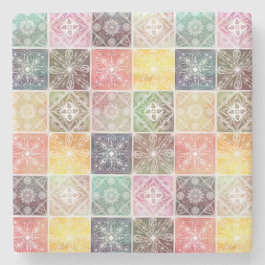 トレンディー白の幾何オーナメントタカラフルイルアート ストーンコースター (正面)