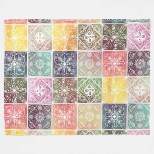 トレンディー白の幾何オーナメントタカラフルイルアート フリースブランケット (正面(横))