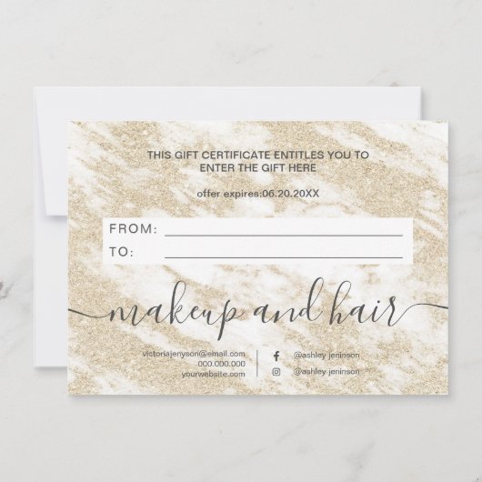 トレンディー白大理石金ゴールドグリッターギフト券 (裏面)