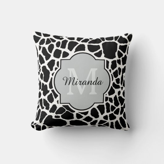 トレンディー白黒キリンプリントモノグラムの名 クッション (正面)