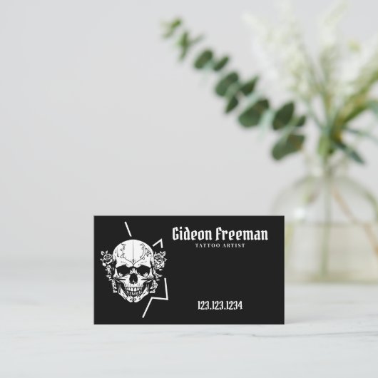 トレンディー白黒スカルバラタトゥーアーティスト 名刺 (スタンド正面)