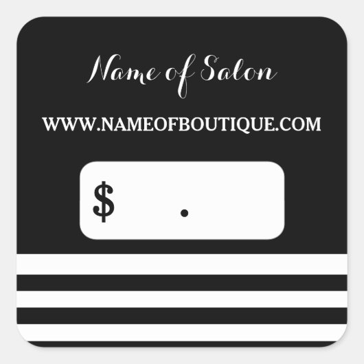 トレンディー白黒ストライプヘアサロン価格ラベル スクエアシール (正面)
