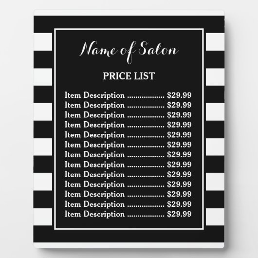 トレンディー白黒ストライプヘアサロン価格表 フォトプラーク (正面)