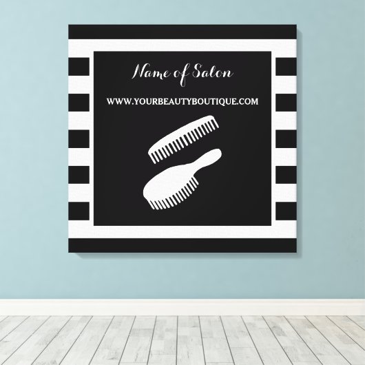 トレンディー白黒ストライプヘアサロン標識 キャンバスプリント (インサイチュ (ウッドフロア))