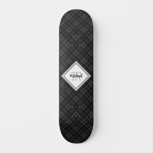 トレンディー白黒タータンチェックパーソナル化モノグラム スケートボード (正面)