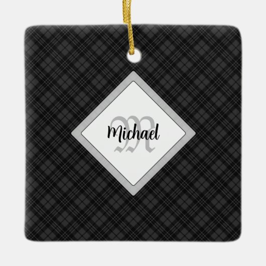 トレンディー白黒タータンチェックパーソナル化モノグラム セラミックオーナメント (正面)