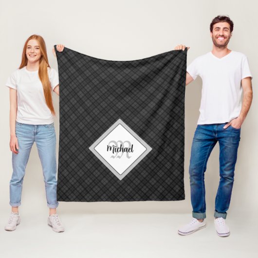 トレンディー白黒タータンチェックパーソナル化モノグラム フリースブランケット (インサイチュ)