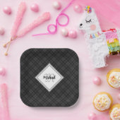 トレンディー白黒タータンチェックパーソナル化モノグラム ペーパープレート (パーティー)