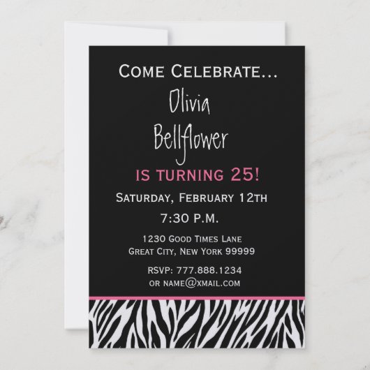 トレンディー白黒ピンクゼブラ25th誕生日 招待状 (裏面)