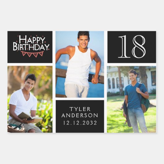 トレンディー白黒フォトコラージュ18誕生日 ラッピングペーパーシート (正面)