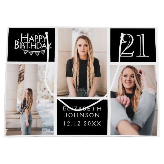 トレンディー白黒フォトコラージュ21歳の誕生日 ラージペーパーバッグ (正面)