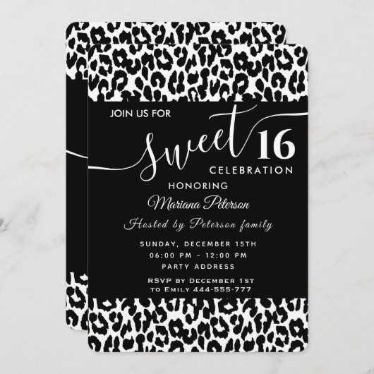 トレンディー白黒レオパード甘い16招待 招待状 (正面/裏面)