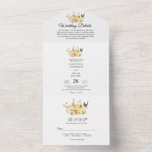 トレンディー秋の水の色かぼちゃと花 オールインワン招待状 (内側)