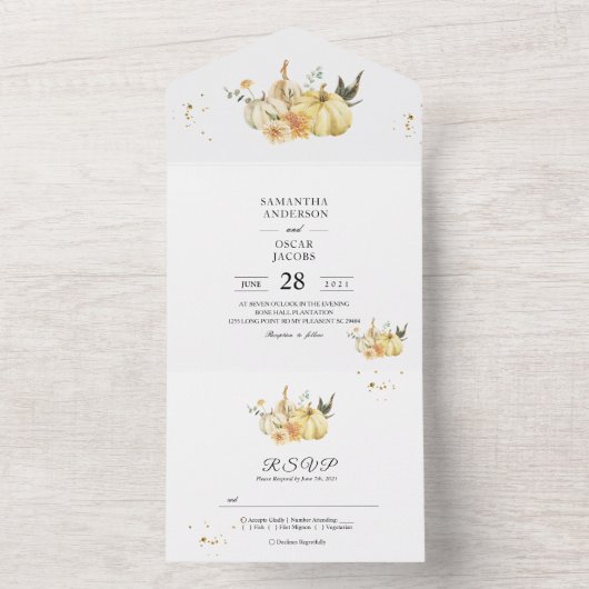 トレンディー秋の水の色かぼちゃと花 オールインワン招待状 (内側)