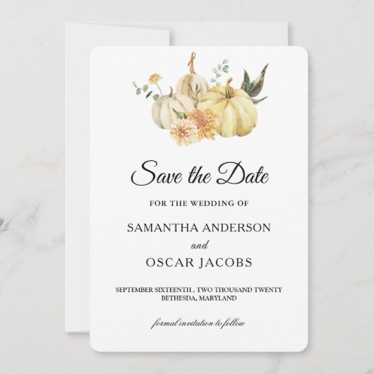 トレンディー秋の水の色かぼちゃと花 セーブザデート (正面)