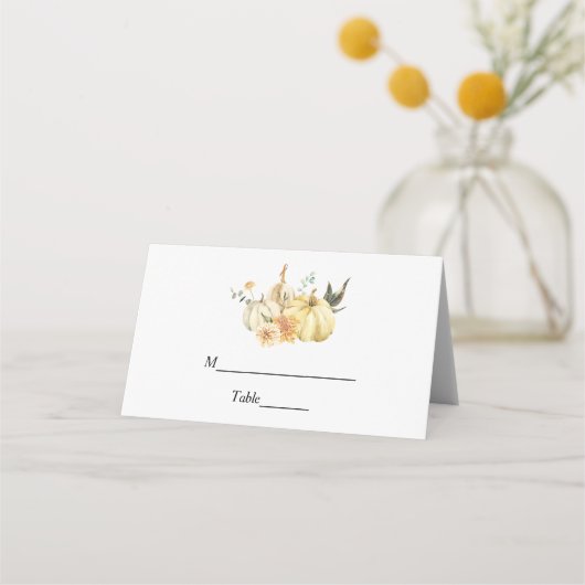 トレンディー秋の水の色かぼちゃと花 プレイスカード (正面)