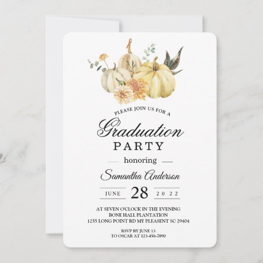 トレンディー秋の水の色かぼちゃと花 招待状 (正面)