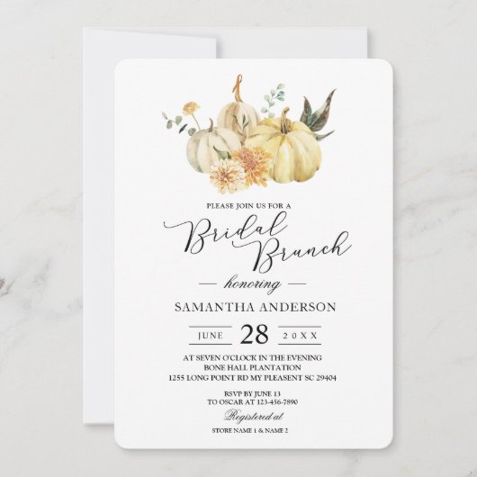 トレンディー秋の水の色かぼちゃと花 招待状 (正面)