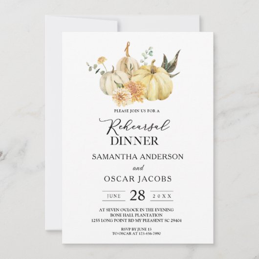 トレンディー秋の水の色かぼちゃと花 招待状 (正面)