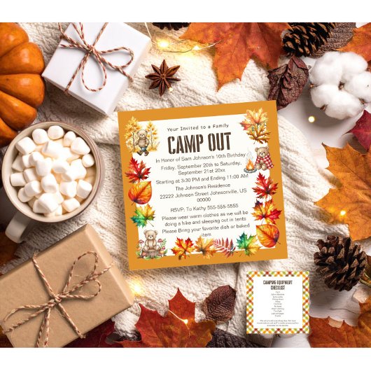 トレンディー秋キャンプアウトバースデーパーティー招待 招待状