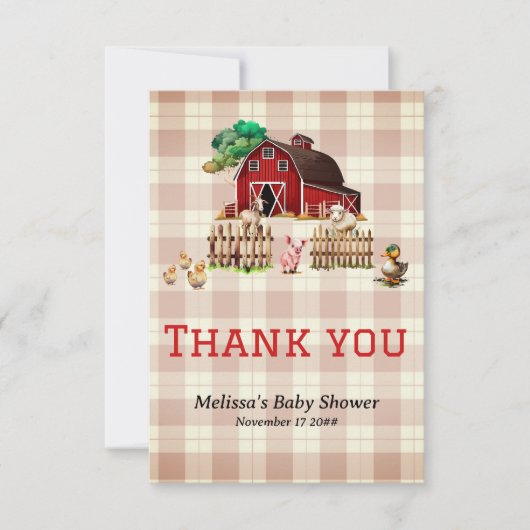 トレンディー納屋周囲の庭農業動物ベビーシャワー サンキューカード (正面)