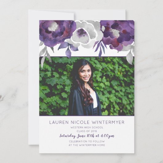トレンディー紫のフローラ写真の卒業招待状 招待状 (正面)