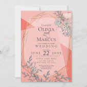 トレンディー結婚サンゴフローラ幾何学金ゴールド枠 招待状 (正面)