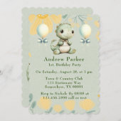 トレンディー絵を描グリーン恐竜1st誕生日パーティー 招待状 (正面/裏面)