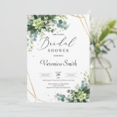 トレンディー緑色多肉性金ゴールド枠ブライダルシャワー 招待状 (スタンド正面)