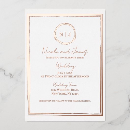 トレンディー縁ど金ゴールドモダン結婚の写真 箔招待状 (正面)