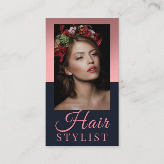 トレンディー美容師ピンク文字の美容師の写真 名刺 (正面)
