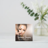 トレンディー美容師白いスクリプト美容師の写真 スクエア名刺 (スタンド正面)