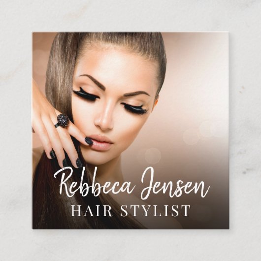 トレンディー美容師白いスクリプト美容師の写真 スクエア名刺 (正面)