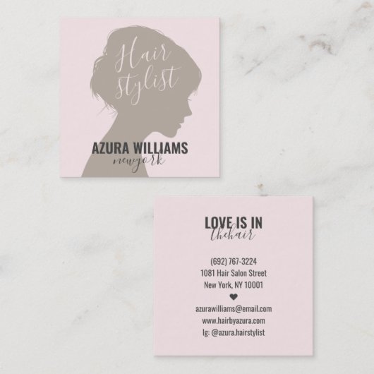 トレンディー美容師赤面ピンクガーリースクリプト美しい スクエア名刺 (正面/裏面)
