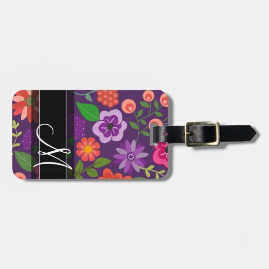 トレンディー花柄パープルとブラックモノグラム ラゲッジタグ (正面横)