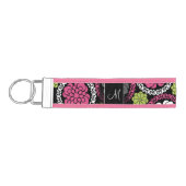 トレンディー花柄ホットピンクとブラックモノグラム リストバンドキーホルダー (鍵左)