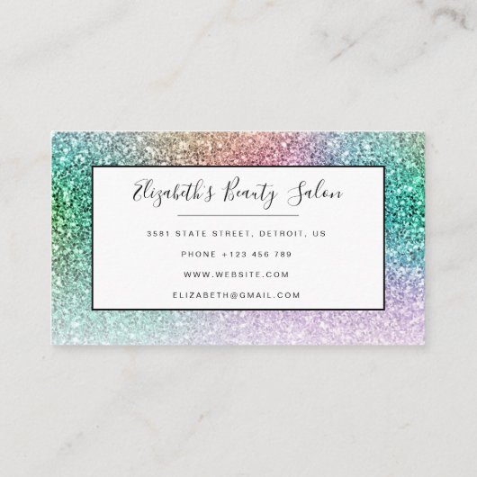 トレンディー虹色グリッターメイクアップアーティストヘアサロン 名刺 (裏面)