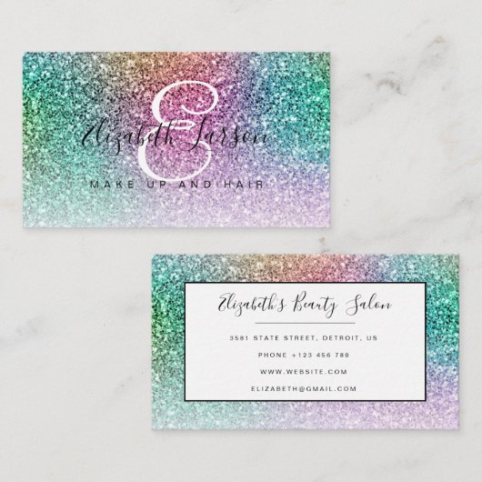 トレンディー虹色グリッターメイクアップアーティストヘアサロン 名刺 (正面/裏面)