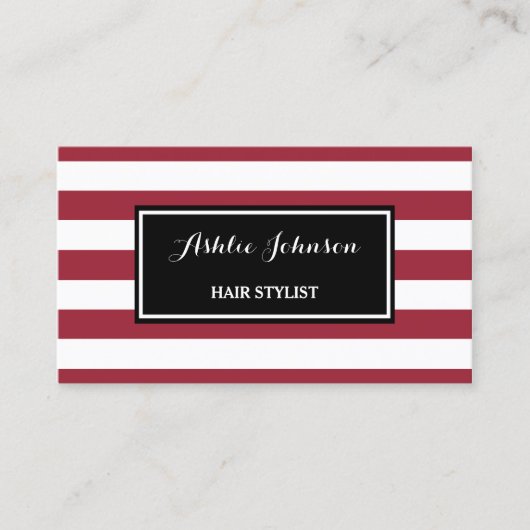 トレンディー赤と白ストライプサロン美容師 名刺 (正面)