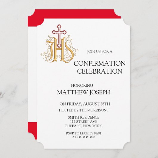 トレンディー赤と金ゴールドの繁栄の確認 招待状 (正面/裏面)