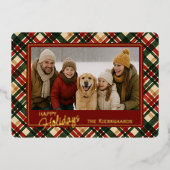 トレンディー赤緑格子水彩絵柄と金ゴールド 箔シーズンカード (正面)